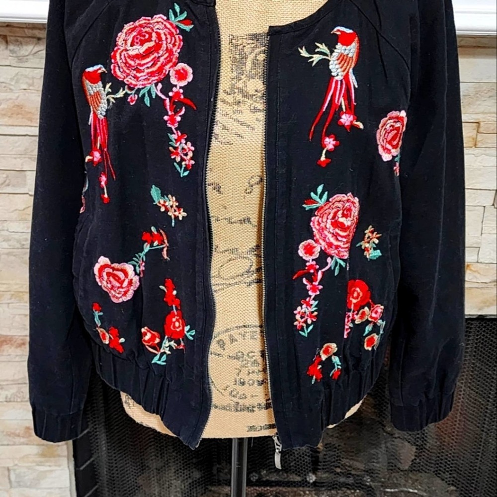 New York & company vintage embroidered floral pheasant bird bomber jacket size L - Picture 4 of 9